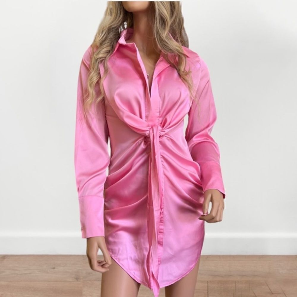 Pink Satin Deep Collar V‎ Neck Tie Front Long Sleeve Mini Dress Small